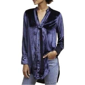 Maeve Anthropologie Blue crushed Velvet button down Tunic High Low Top Size 0